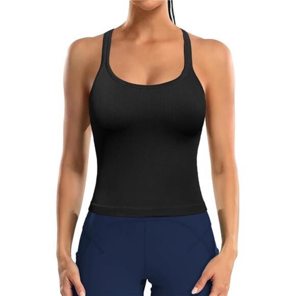Women's Workout Tank Top Built in Bra Ribbed Athletic Tank Racerback - Picture 1 of 7